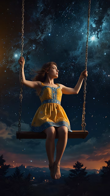 Woman on Swing Beneath Starry Galaxy Sky at Dusk - Free 4K & 8K Mobile Wallpaper