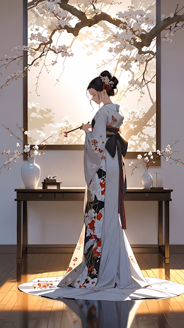Woman in Traditional Kimono Under Blooming Cherry Tree - Free 4K & 8K Mobile Wallpaper