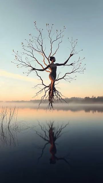 Woman as Tree Silhouette Over Misty Lake - Free 4K & 8K Mobile Wallpaper