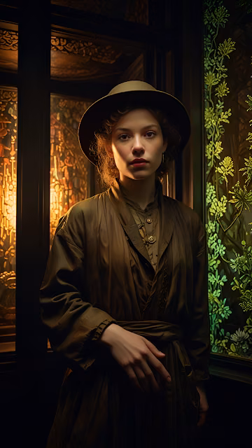 Woman in Vintage Hat and Robe Amidst Stained Glass Glow - Free 4K & 8K Mobile Wallpaper