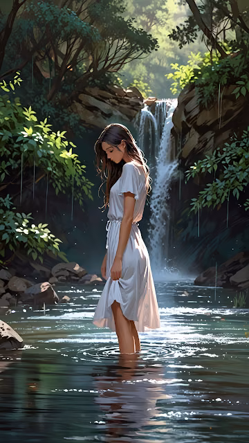 Woman in White Dress Standing in Forest Waterfall Stream - Free 4K & 8K Mobile Wallpaper