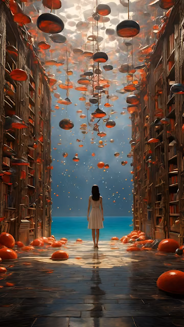 Woman in White Dress Walking Through Surreal Library to Ocean - Free 4K & 8K Mobile Wallpaper