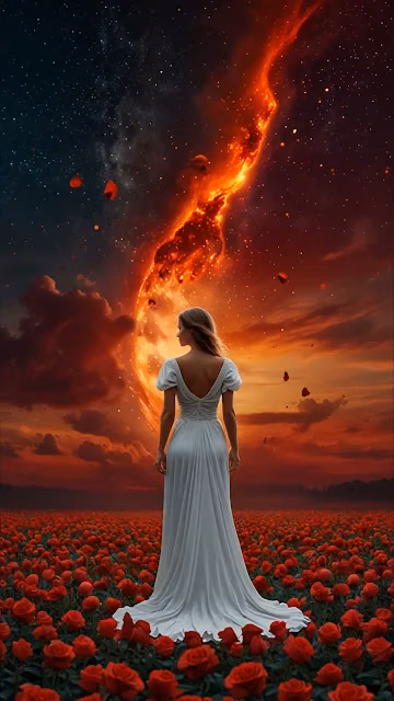 Woman in White Gown Before Fiery Cosmic Storm - Free 4K & 8K Mobile Wallpaper