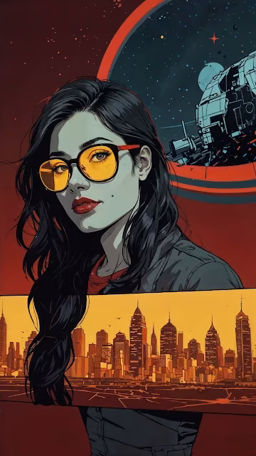 Woman with Yellow Glasses Against Cosmic City - Free 4K & 8K Mobile Wallpaper