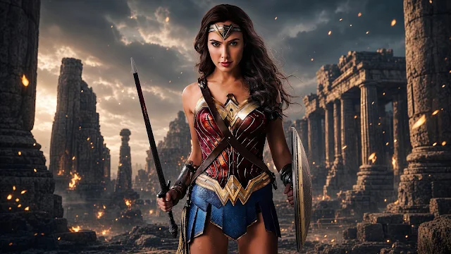 Wonder Woman stands equipped with a sword and shield surrounded by ancient classical stone ruins. Wonder Woman in red and gold armor holding a sword and shield among tall crumbling stone columns with floating sparks.
