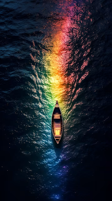 Wooden Boat Sailing Through Vibrant Rainbow Water Reflection - Free 4K & 8K Mobile Wallpaper