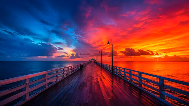 Wooden pier extending into the ocean under a vibrant sky split between orange sunset and blue dusk.