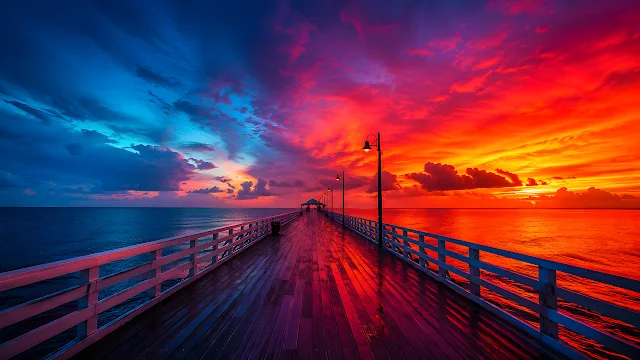 A wooden ocean pier stretches toward the horizon beneath a vibrant two-tone sunset sky. Wooden pier extending into the ocean under a vibrant sky split between orange sunset and blue dusk.