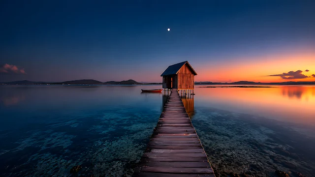 Wooden dock leads to a small rustic cabin over calm ocean water at sunset. Straight wooden pier leading to a small wooden stilt hut on calm water at sunset.