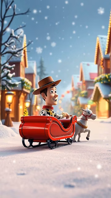 Woody in Sleigh on Snowy Christmas Street - Free 4K & 8K Mobile Wallpaper