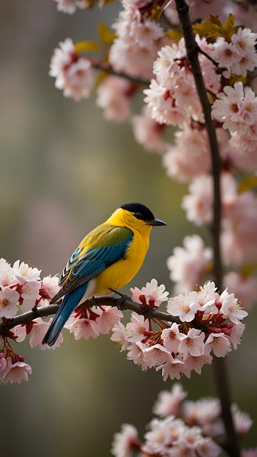 Yellow Black Capped Bird Perched Cherry Blossom Branch - Free 4K & 8K Mobile Wallpaper
