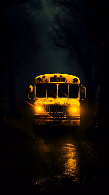 Yellow School Bus in Rainy Dark Forest at Night - Free 4K & 8K Mobile Wallpaper