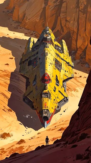 Yellow Spaceship Hovering Over Desert Canyon - Free 4K & 8K Mobile Wallpaper