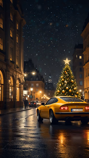 Yellow Sports Car Parked Near Christmas Tree on Snowy Night - Free 4K & 8K Mobile Wallpaper