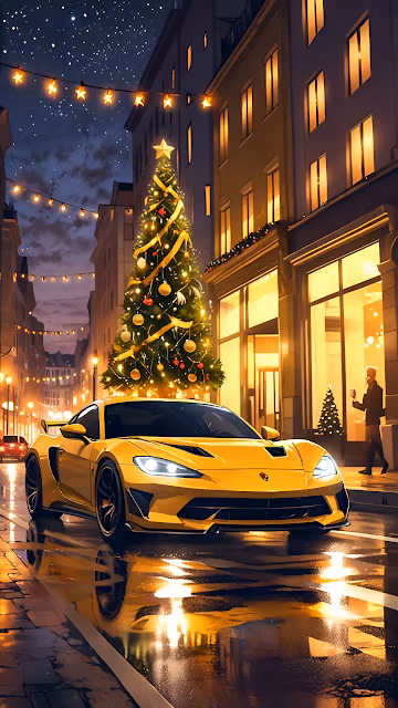 Yellow Supercar Parked Near Christmas Tree on Festive Street - Free 4K & 8K Mobile Wallpaper