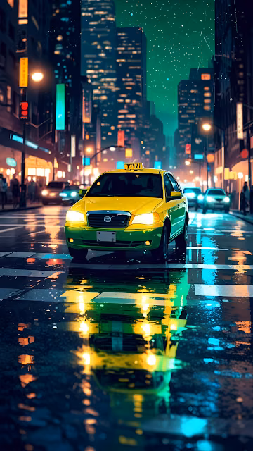 Yellow Taxi Glowing on Rainy Neon City Street - Free 4K & 8K Mobile Wallpaper