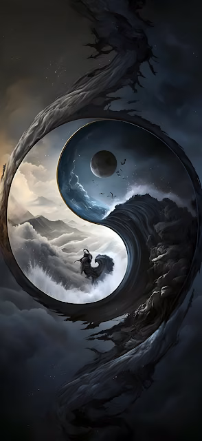 Yin Yang Balance of Stormy Sea and Mountain Fantasy Art - Free 4K & 8K Mobile Wallpaper