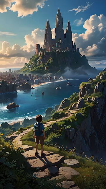 Young Explorer Castle View Coastal City Adventure - Free 4K & 8K Mobile Wallpaper