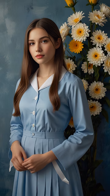 Young Woman in Light Blue Dress with Floral Background - Free 4K & 8K Mobile Wallpaper