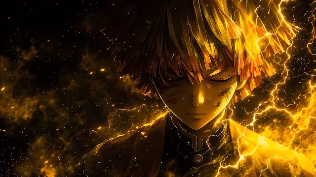 Zenitsu Agatsuma with closed eyes surrounded by bright yellow lightning bolts and electric sparks.