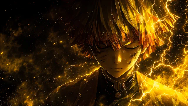 Zenitsu Agatsuma activates Thunder Breathing surrounded by crackling gold lightning bolts. Zenitsu Agatsuma with closed eyes surrounded by bright yellow lightning bolts and electric sparks.